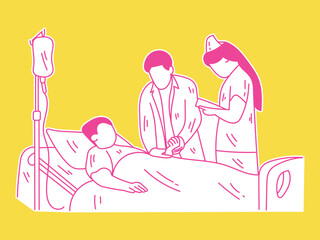 A doctor who is monitoring the condition of a patient accompanied by a nurse. Vector design