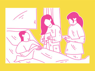A doctor who is monitoring the condition of a patient accompanied by a nurse. Vector design