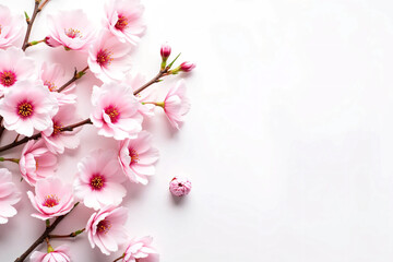 Flatlay of Cherry Blossom Branches and Scattered Petals on Soft Pastel Background, Capturing the Delicate Beauty, Romantic Mood, and Seasonal Elegance of Spring in a Clean and Minimalist