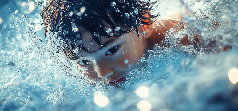 A young boy swimming underwater, surrounded by bubbles and sparkling light