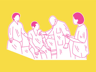 A doctor who is monitoring the condition of a patient accompanied by a nurse. Vector design