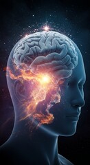 Conceptual 3D Head with Brain Galaxy Universe and Cosmic Nebula