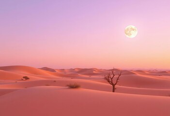 Pastel desert landscape, sun & moon, minimalist boho design, simple, geometric