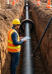Construction Photo Engineer Inspects Pipeline System in Trench Project