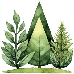 Stylized Watercolor Painting of Green Plants and Triangular Tree