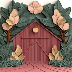 Stylized Red Barn Amidst Pink and Green Papercut Foliage