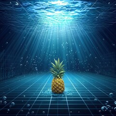 Submerged Pineapple in Pixelated Underwater Scene