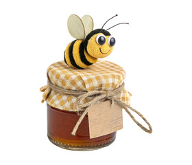 A cute cartoon stuffed stunning bee is sitting on a honey jar isolated on a transparent background png