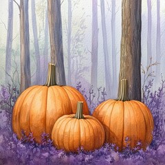 Three Orange Pumpkins in a Purple Wildflower Forest