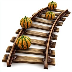Three Pumpkins Rolling on Curved Wooden Train Tracks