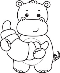 Outline of Cute hippo icon. Lineart of Funny baby hippo animal series stock illustration. life of fluffy hippo designs.