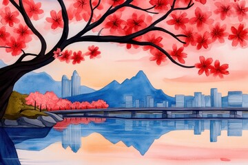 Tranquil Cityscape Reflected in Water at Sunset, Framed by Pink Cherry Blossoms