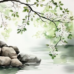 Tranquil River Scene with White Blossoms and Grey Rocks