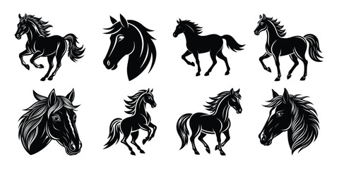 animal, horse and tiger with dogs silhouette on white background