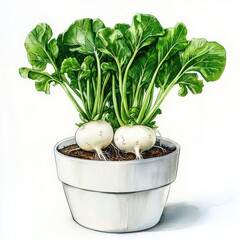 Two White Turnips in a Gray Pot, Detailed Botanical Illustration