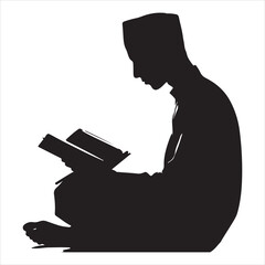 Black silhouette of a person seated, reading the Quran with reverence, clean white background 
