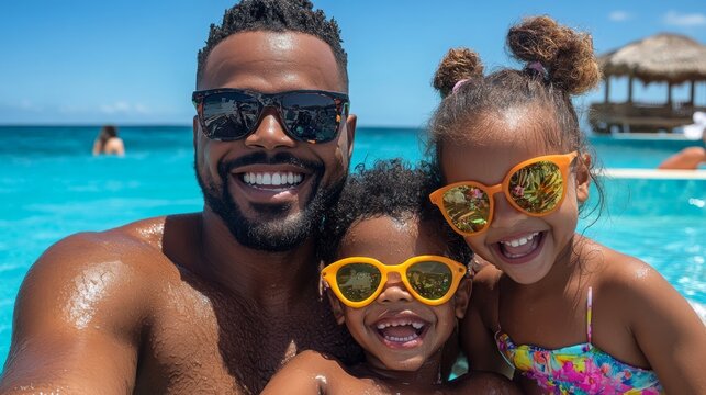 Enjoying summer vibes at the pool together. Happy family relaxing by the clear blue pool..