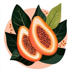 Vibrant Papaya Halves with Lush Green Leaves Illustration