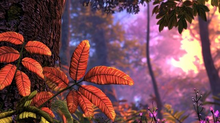 Vibrant Orange Leaves in a Misty Sunrise Forest