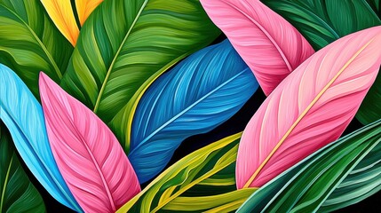 Vibrant Pink Blue Green Yellow Tropical Leaves Closeup Dark Background