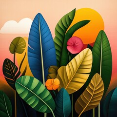 Vibrant Tropical Leaves and Flowers at Sunset Pixel Art Illustration