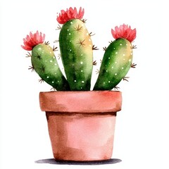 Watercolor Cactus with Pink Flowers in Terracotta Pot