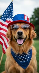 Dog Golden Retriever Patriotic with American Flag Sunglasses and Hat