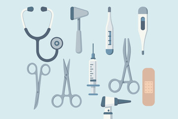 Medical instruments vector collection for healthcare. Modern doctor tools for diagnosis, examination, treatment. Stethoscope, syringe, thermometer, scissors, otoscope, plaster. Flat design icons.