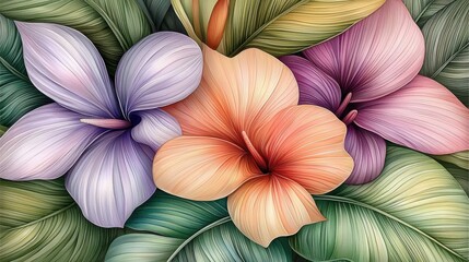 Watercolor Tropical Flowers Pastel Colors Botanical Illustration