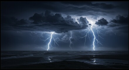 Dramatic Night Sea Lightning Storm Electric Weather Background