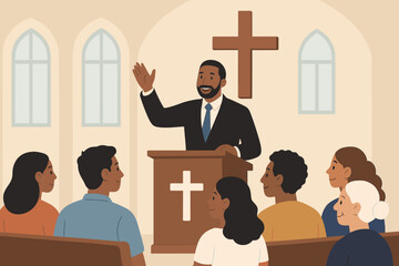 Pastor preaching at church pulpit, diverse congregation listening to sermon. Christian religious service, spiritual community gathering, faith concept. Gospel teaching, worship illustration.