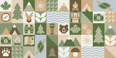 Geometric seamless pattern with camping and nature icons like mountains, trees, tents, and animals. Vector illustration