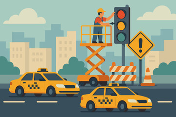 City traffic scene with yellow taxis waiting at intersection during traffic light repair by worker on scissor lift. Urban road work, maintenance, and transportation vector illustration.