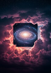 Dreamlike Illustration Galaxy Stars Through Clouds Portal in Night Space