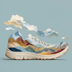 Fototapete Creative shoe design featuring a painted mountain landscape against a simple background, emphasizing art and fashion © Iryna
