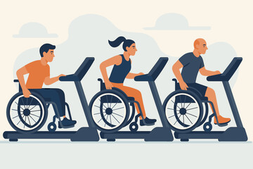 Wheelchair athletes on treadmills, inclusive fitness, adaptive sports. Disabled people exercising in accessible gym. Para-sport training, diverse group workout for healthy lifestyle.
