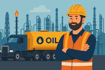 Oil truck driver with tanker at refinery. Fuel delivery service, petroleum industry worker in hard hat and vest. Energy sector, logistics, transportation, gas, diesel, industrial vector.