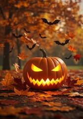 Fall Photo Jack O Lantern with Bats Autumn Leaves Background