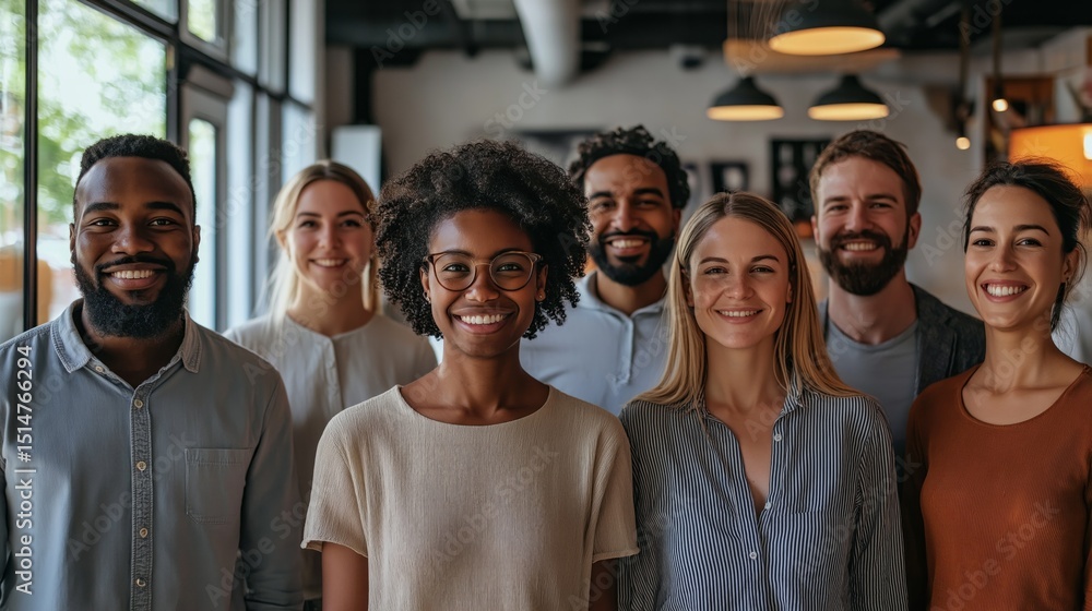 Poster a diverse group of smiling professionals stands together in a modern workspace. the lively atmospher