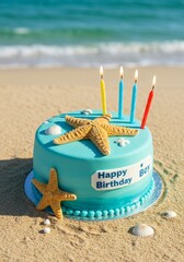 Festive Birthday Cake on Sandy Beach with Starfish Candles Photo