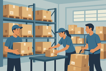 Warehouse workers sorting and organizing packages. Logistics and distribution center operations. Supply chain management with team handling inventory, boxes, shelves, and trolley.