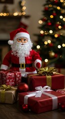 Festive Photo of Santa Claus with Red and Gold Christmas Gifts