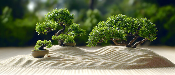 Peaceful Bonsai Trees On Sand Arrangement
