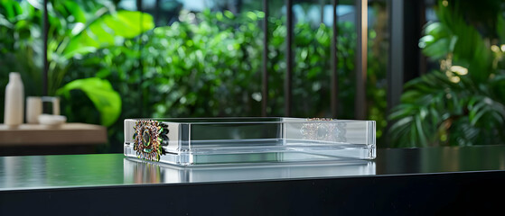Clear Glass Rectangular Decorative Tray With Ornamental Design On Table
