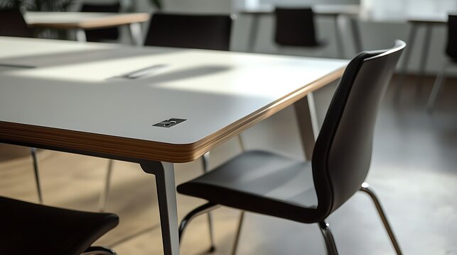 Modern office space depicting a white table and black chairs creating an aesthetic minimalist interior design in natural light