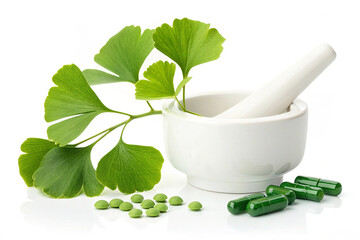 Herbal Medicine with Ginkgo Leaves, Capsules, and Mortar