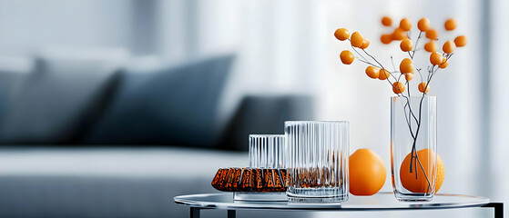 Orange Berries Bouquet And Glassware On Tray In Modern Interior