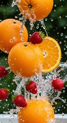 Fresh Orange and Strawberry Explosion with Splashing Water Refreshment