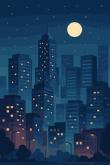 Modern Night Cityscape vector illustration. Urban skyline with glowing windows under a full moon. Downtown metropolis silhouette with streetlights and dark blue starry sky. City life art.