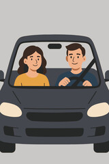 Couple in car vector. Man driving, woman passenger. Road trip illustration. People traveling together by automobile. Transportation, journey, lifestyle, adventure, safety, commute concepts.